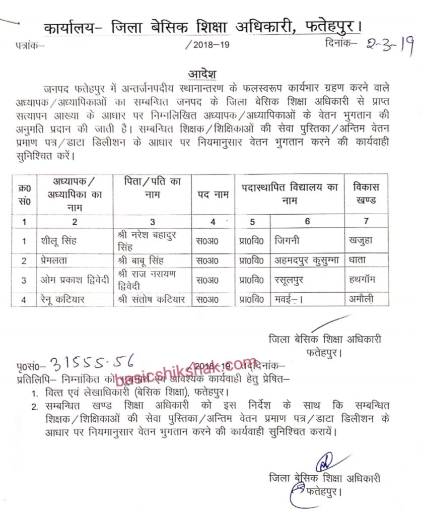 Fatehpur : अंतर्जनपदीय ट्रांसफर के पश्चात कार्यभार ग्रहण करने वाले अध्यापक/अध्यापिकाओं के वेतन भुगतान का हुआ आदेश